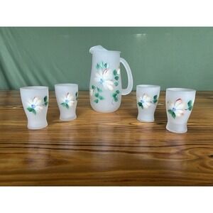 5-PC Vintage Hazel Atlas Frosted Pitcher & 4 Matching‎ Glasses Hand Paint Floral